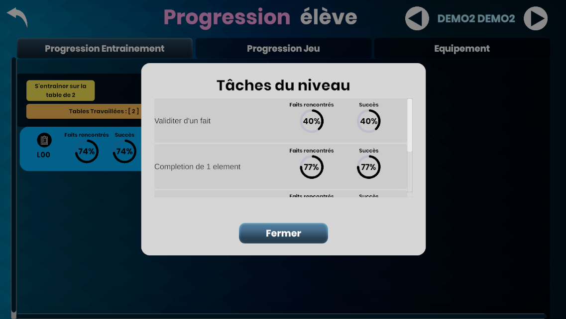 affichage de la progression détaillée d'un élève