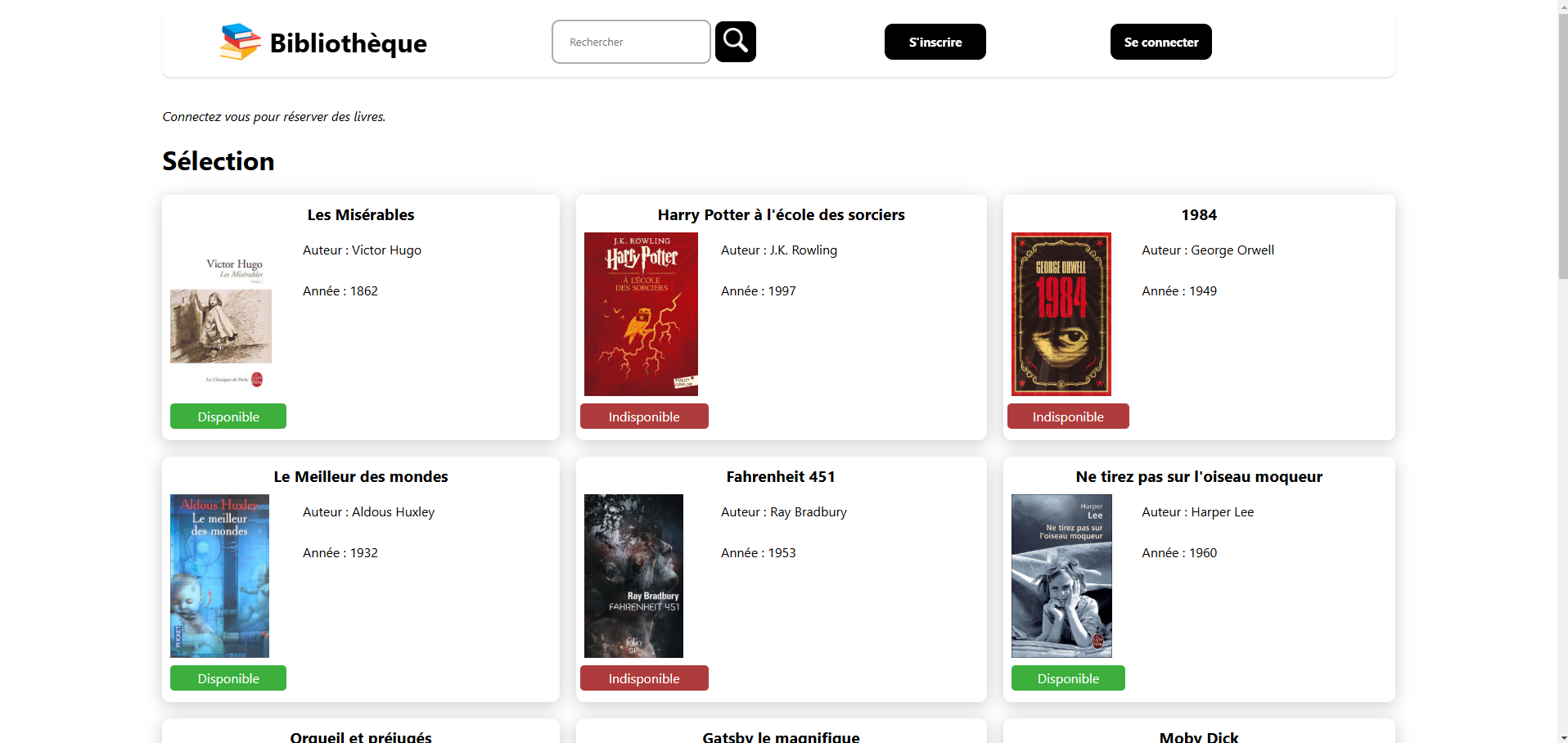 aperçu du projet de site de gestion de librairie