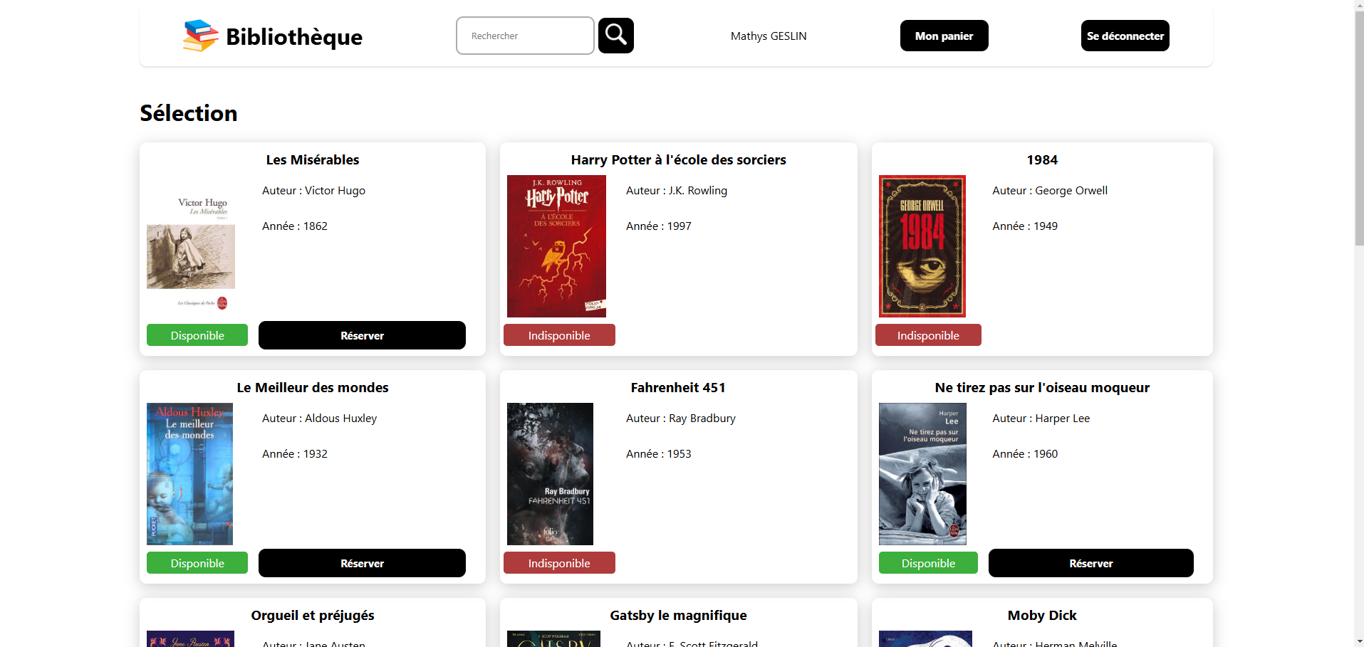 affichage de la page d'accueil contenant tous les livres de la librairie une fois connecté
