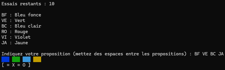 fenêtre de terminal avec le jeu 'mastermind'